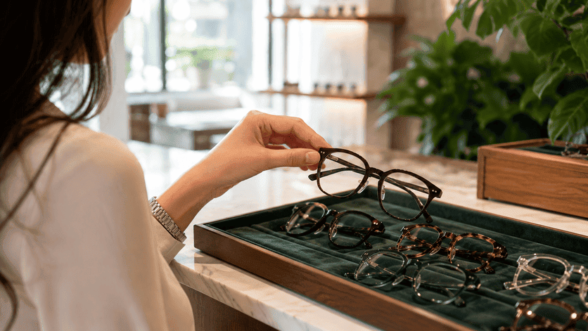 woman-choosing-tortoise-shell-glasses-frame-selection